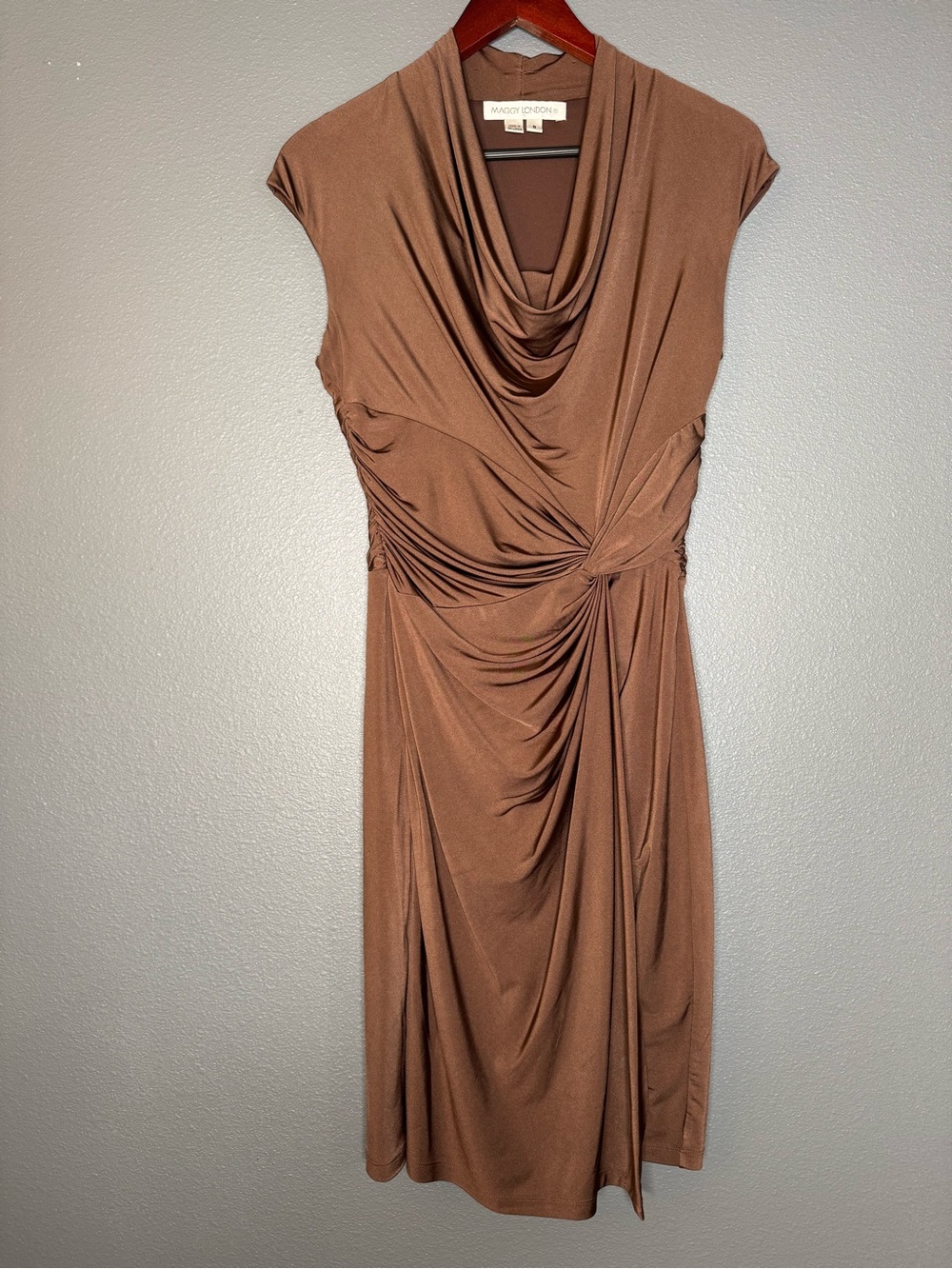 Maggy London Size 8 Copper Brown Cowl Neck Ruched Draped Midi Cocktail Dress